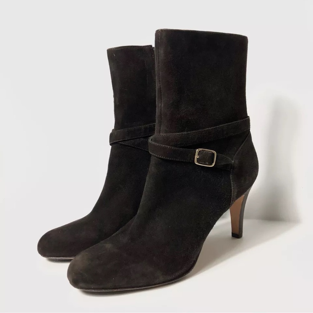 ANN TAYLOR Women Chocolate Brown Suede Mid Calf High Heel Dressy Ankle Boots 8M